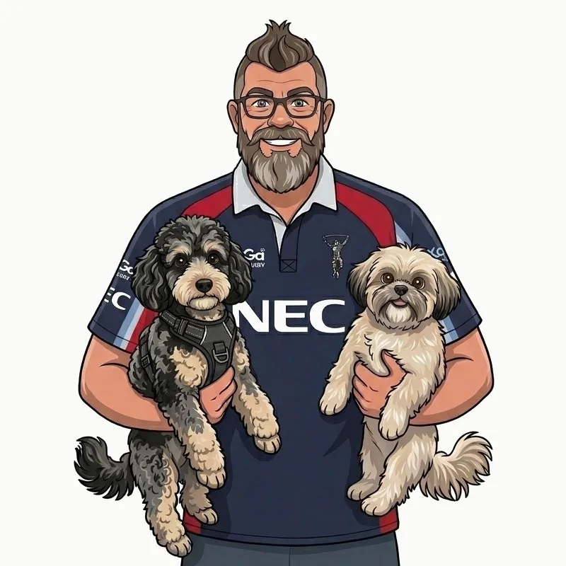Cartoon of Mark holding his two dogs, Teddy and Tetley